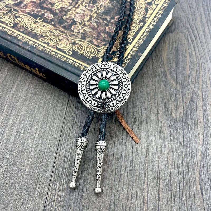 YOQUCOL Vintage American Western Cowboy Indian Art Stone Genunie Leather Bolo Tie For Men Women - Image 4
